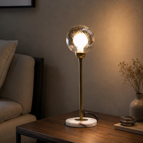 Textured Glass Table Lamp, Marble Base, Modern Brass Accent Light, Bedside Switch