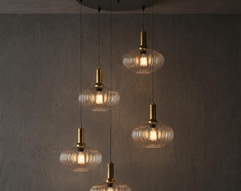Modern Glass Pendant Lighting: Custom Ribbed Glass Chandelier