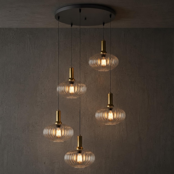 Modern Glass Pendant Lighting: Custom Ribbed Glass Chandelier