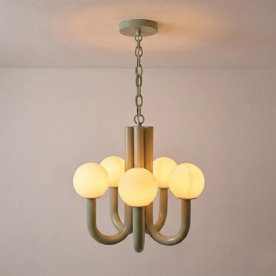 Pastel Green Globe Chandelier, Mid Century Modern 5-Light Pendant, Frosted Glass Ceiling Fixture