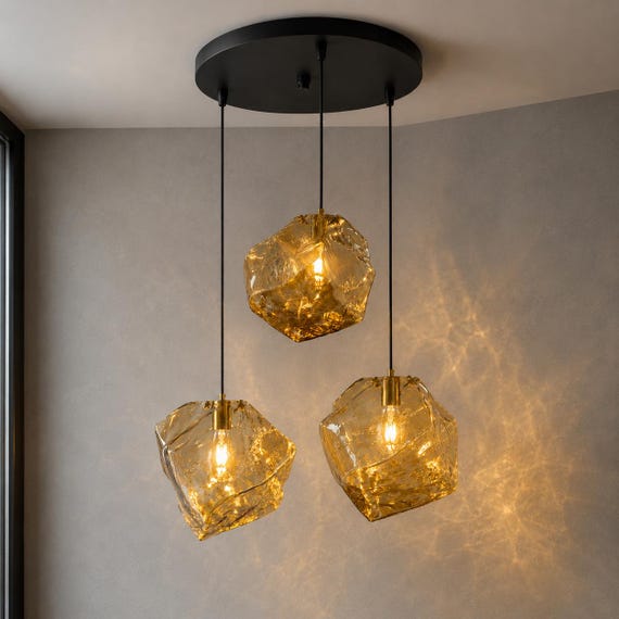 Amber Ice Glass Pendant Light, Modern Hanging Chandelier, Custom Interior Lighting