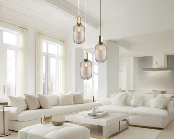 Ribbed Glass Pendant Light: Modern Scandinavian Kitchen Island Lighting