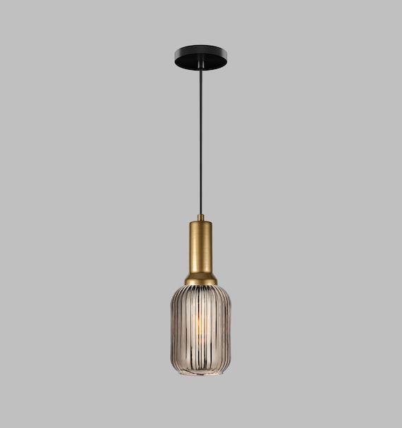 Smoke Gray Ribbed Glass Pendant Light - Nordic Modern Hanging Lamp