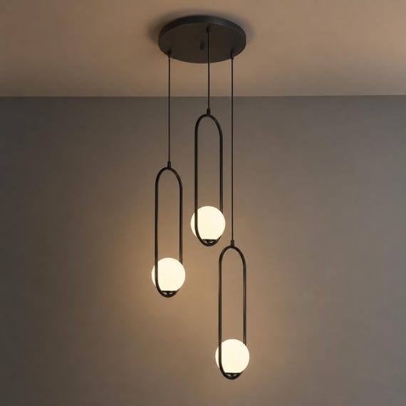Multi Light Pendant for Staircase: Wrought Iron Chandelier with Opal White Glass