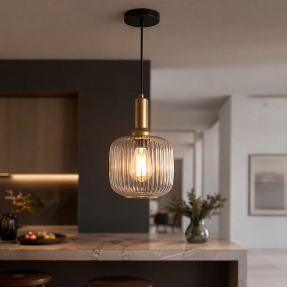 Modern Smoked Ribbed Glass Pendant Light | Amber, Smoke Gray Ceiling Lamp