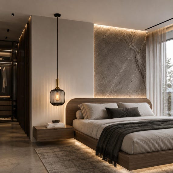 Modern Ribbed Glass Pendant Light | Brass Bedside Ceiling Lamp