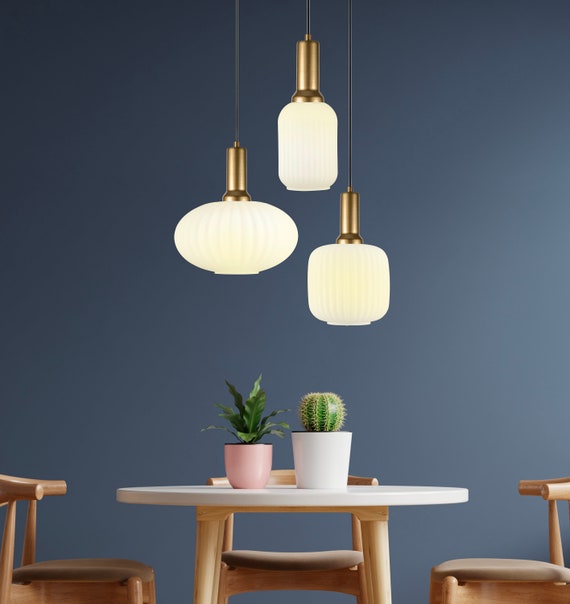 Milk Glass Multi Pendant Light Staircase, Custom Made Pendant Light, Mid-Century Modern, Ribbed -Pleated Glass, Organic Modern-Minimal