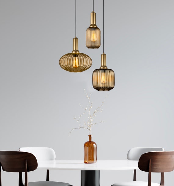 Reeded Glass Amber Tinted Pendant Light, Amber-Smoky-Clear-White Options, Organic Architecture - Inspired Nordic Design, Adjustable Length