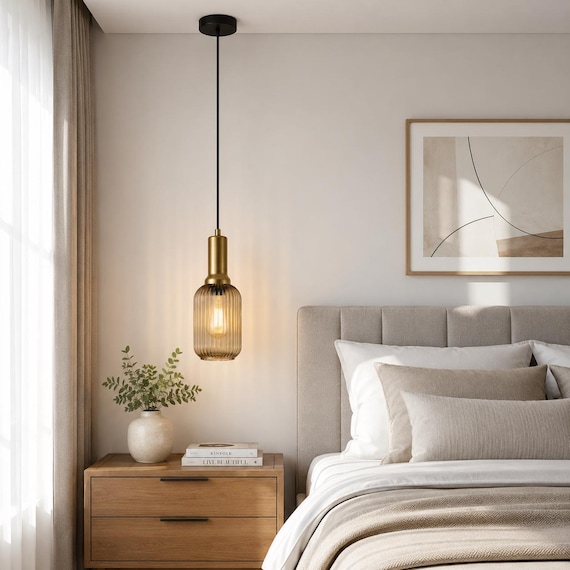 Modern Amber Ribbed Glass Pendant Light: Single Fixture Home Lighting