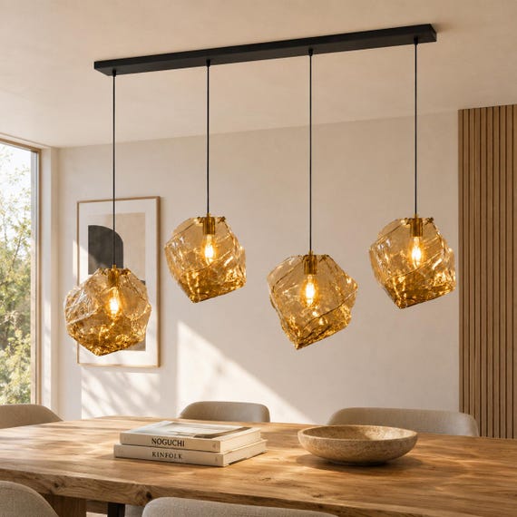 Sculptural Amber Glass Pendant Light, Handmade Ceiling Fixture, Luxury Dining Room Lighting