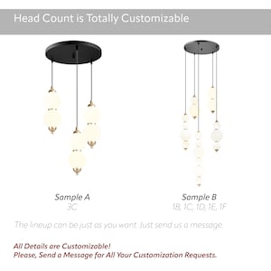 May include: Two modern pendant lights with multiple globe-shaped bulbs. One has three bulbs, the other has six. The lights hang from black circular canopies. Text on the image reads "Head Count is Totally Customizable."