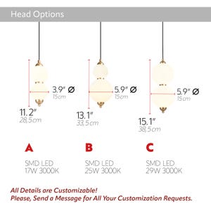 May include: Three pendant lights with spherical glass shades and gold-colored hardware. The lights vary in size, with the largest measuring 15.1 inches (38.5 cm) in height. The image includes text indicating customization options and technical specifications.