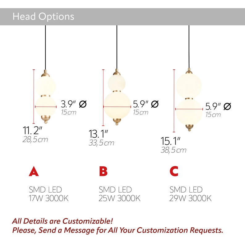 May include: Three pendant lights with spherical glass shades and gold-colored hardware. The lights vary in size, with the largest measuring 15.1 inches (38.5 cm) in height. The image includes text indicating customization options and technical specifications.