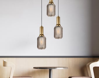 Smoke Gray Ribbed Glass Pendant Light: Modern Cylinder Chandelier
