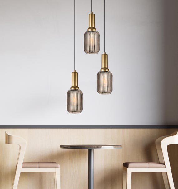 Reeded Smoke Gray Tinted Modern Cylinder Glass, Custom Ribbed Glass Color Pendant Lighting, Multi Lighting for Stairwell Long Chandelier