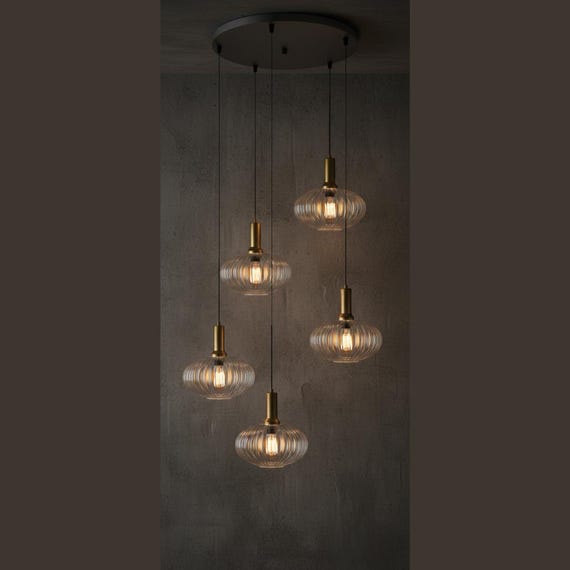 Modern Glass Pendant Lighting: Custom Ribbed Glass Chandelier
