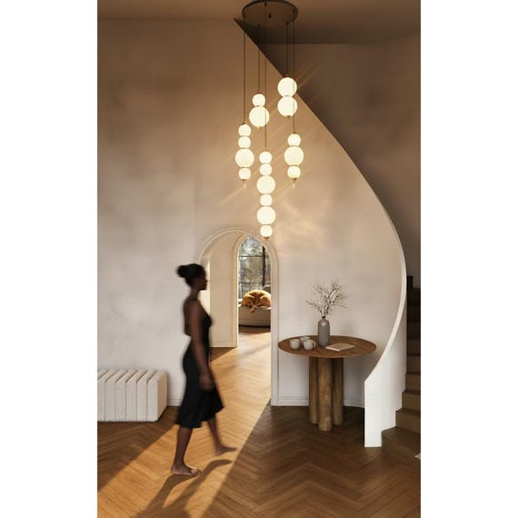 Pearl Drop Chandelier - Modern Flexible Lighting - Handmade Opal Glass Pendant - Luxury Statement Light for Staircase & Living Room