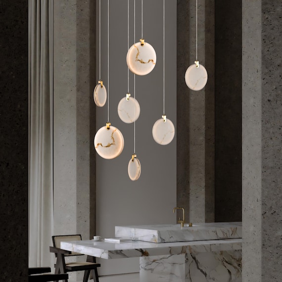 Marble Disc Pendant Light, Natural Alabaster Dining Table Lighting, Staircase Multi Chandelier, Organic Modern, Nordic Style, Custom Detail