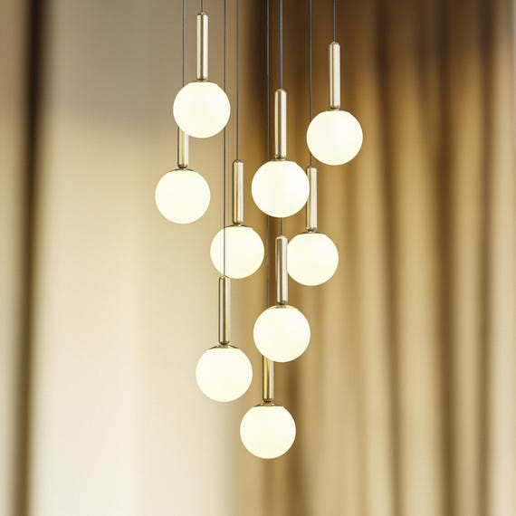 Modern Globe Multi Pendant Light, Mid Century Modern Creative Cluster Light, White, Amber, Smoky, Clear Shade, Adjustable Length, Black&Gold