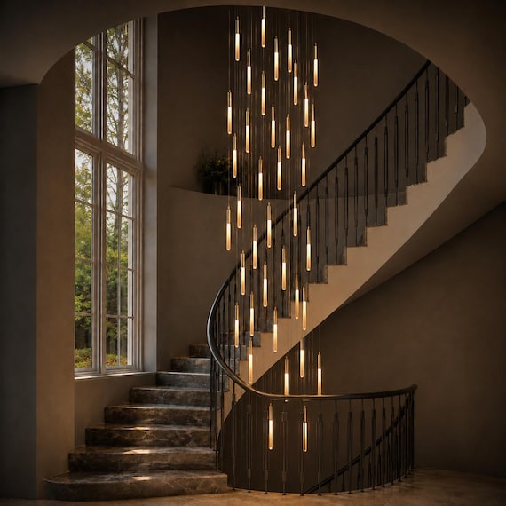 Staircase Chandelier for High Ceilings, Modern Multi Pendant Light, Luxury Entryway Foyer Lighting Fixture