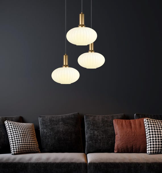 Milk White Modern Ribbed Glass Pendant Light, Custom Ribbed Glass Pendant Lighting, Elegant Multi Lighting for Stairwell Long Chandelier