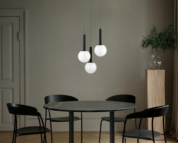 Modern Globe Multi Pendant Light, Mid Century Modern Creative Cluster Light, White, Amber, Smoky, Clear Shade, Adjustable Length, Black&Gold