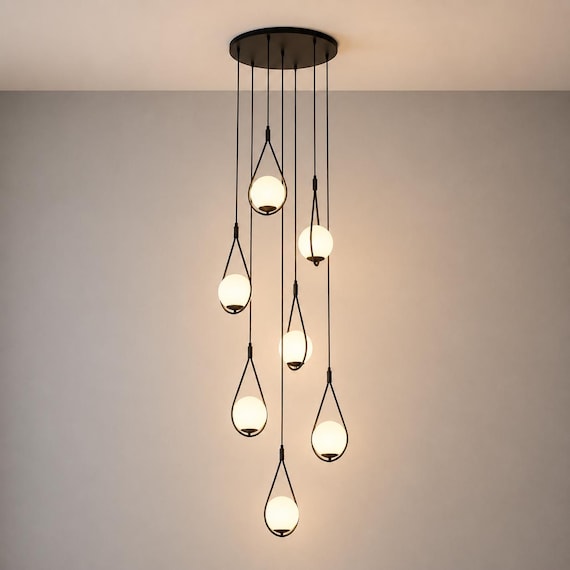 Modern Bird Cage Chandelier, Opal Glass Pendant Light