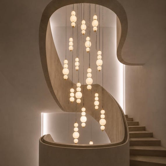 Custom Stacked Stairwell Chandelier | High Ceiling Foyer Lighting, Double Volume Statement Pendant, Modern Artisan Glass Cluster