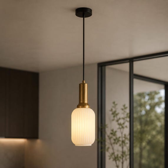 Milk White Ribbed Glass Pendant Light - Modern Stairwell Chandelier