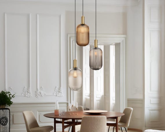 Ribbed Glass Custom Made Modern Pendant Light, Amber-Smoke-Clear, Scandinavian Pendant Light for Kitchen Island, Oversized Chandelier Light