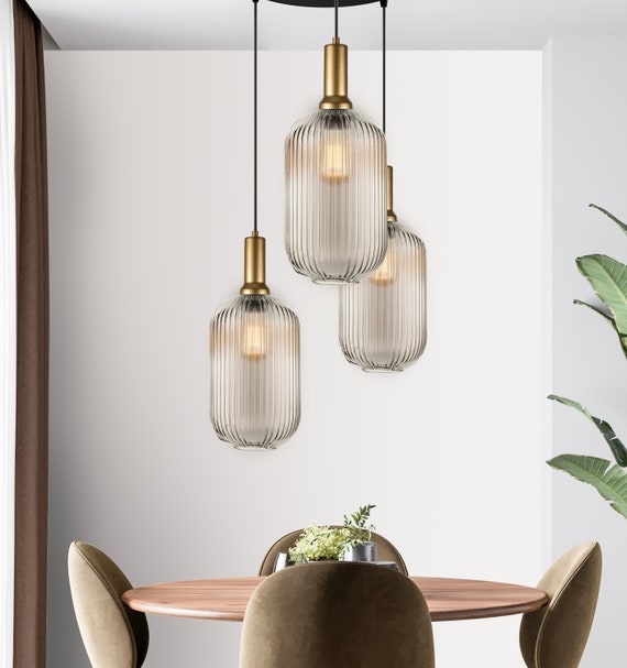 Long Glass Reeded Clear-Amber-Smoke Gray, Round Multi-Pendant Light for Stairs, Suitable for High Ceilings, 10 ft cord,