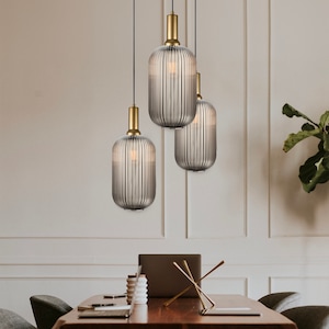 Hand Blown Smoke Gray Ribbed Glass Chandelier – Modern Multi-Light Pendant for Kitchen Island or Dining Room