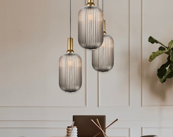 Ribbed Smoke Gray Glass Pendant Light: Modern Stairwell Chandelier, 10 ft Cord
