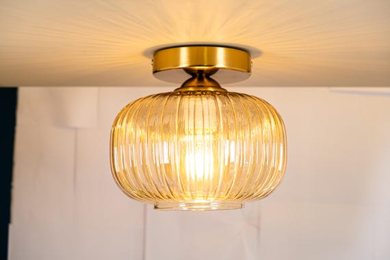 Amber  Ribbed Glass Flush Mount Ceiling Light, Smoke Gray Ceiling Flush Light, Custom Modern Glass Ceiling Lamp, Handmade Lighting Fixture,
