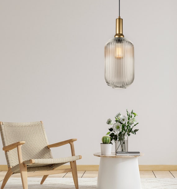 Organic Minimal Vertical Groves Clear Glass Pendant Light, Mid-Century Modern Hanging Lamp with Gold Tube for Kitchen Island, Custom Details