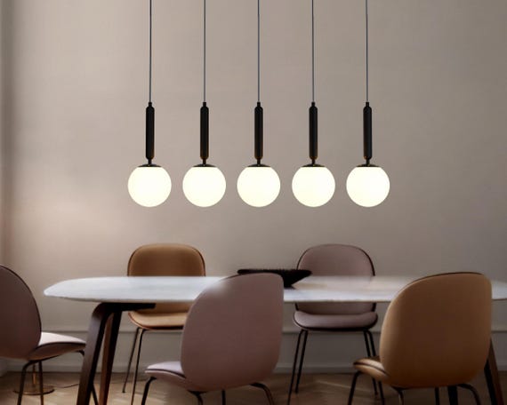 Mid Century Modern Globe Linear Pendant Light, Creative Cluster White-Amber-Smoky Shade, Adjustable Length, Contemporary Black&Gold Fixture