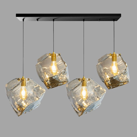 Smoked Ice Glass Kitchen Island Pendant Light, Modern Textured Hanging Ceiling Fixture, Modern Linear Ice Glass Chandelier