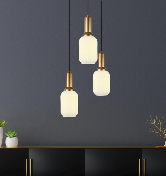 Milk White Ribbed Glass Modern Pendant Lighting, Custom Glass Pendant Lighting, Elegant Multi Lighting for Stairwell Long Chandelier
