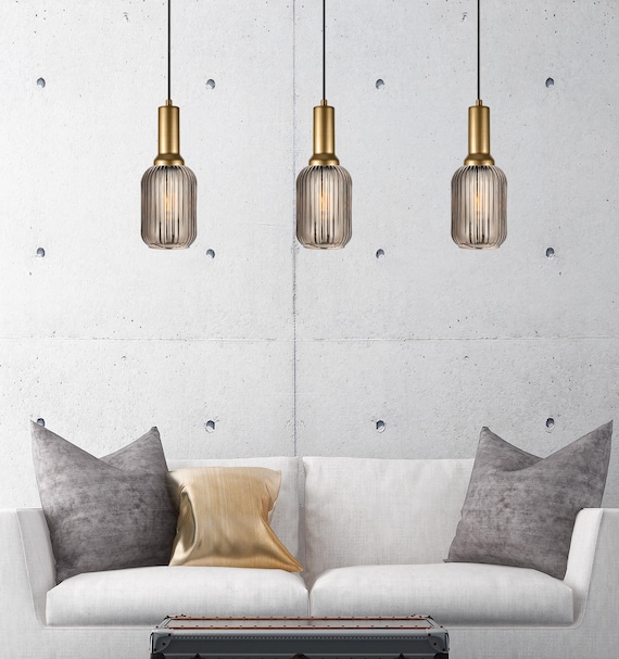 Smoke Gray Ribbed Modern Glass Pendant Lighting, Custom Glass Pendant Lighting, Elegant Multi Lighting for Stairwell Long Chandelier