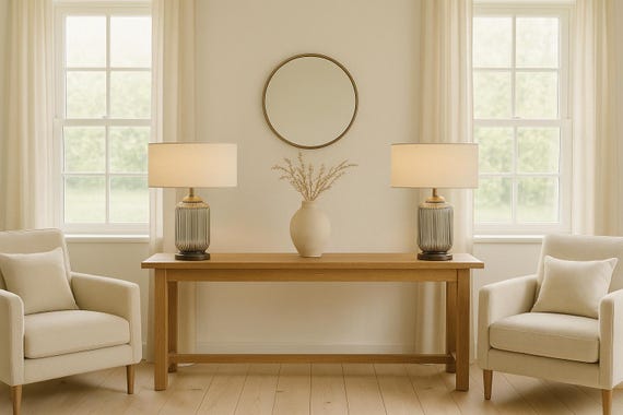 Ribbed Smoked Glass Table Lamp with Cream Shade for Living Room – Modern Bedside Desk Light – Ribbed Glass Nightstand Lamp, Gift For Home