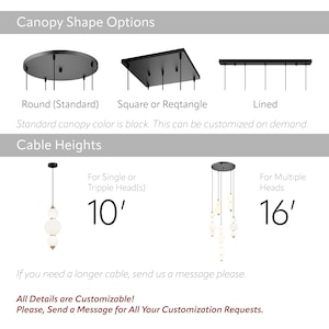 May include: Image showing canopy shape options: round, square/rectangle, and lined. Cable height options are 10 feet for single or triple heads and 16 feet for multiple heads. Text: All Details are Customizable!