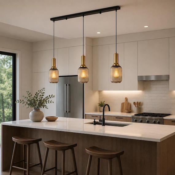 Amber Ribbed Glass Pendant Light: Modern Stairwell Chandelier