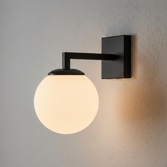 Mid-Century Globe Wall Sconce, Opal Glass Vanity Lamp, Black Square Arm Light