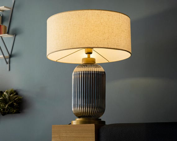 Smoked Ribbed Glass Table Lamp with Cream Shade - Modern Bedside Light