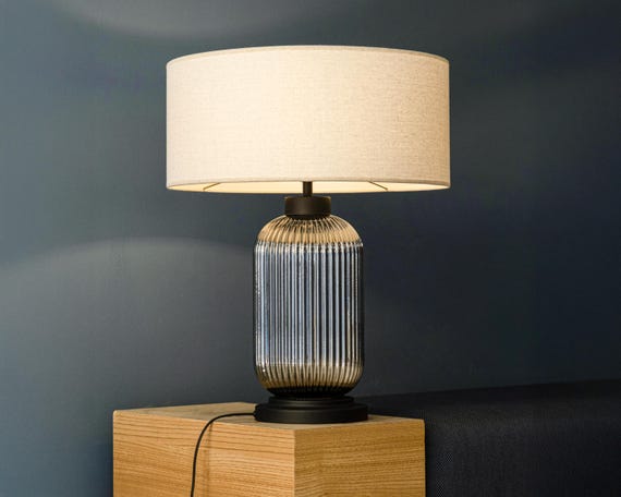 Smoked Glass Table Lamp with Cream Shade for Living Room – Modern Bedside Desk Light – Ribbed Glass Nightstand Lamp, Gift For Home