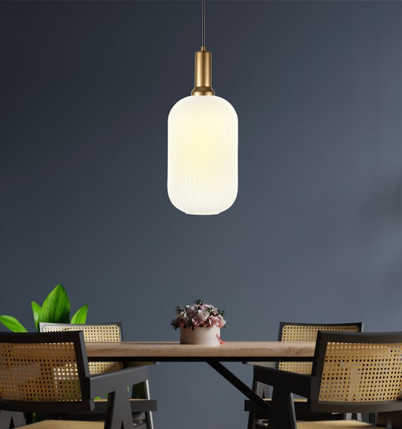 White Ribbed Glass Custom Made Pendant Light for Kitchen Island, Smoky-Amber-Clear Glass Options, Custom Details Fixtures, Adjustable Height