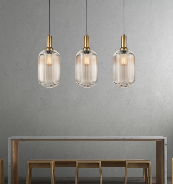 Ribbed Glass Clear  Multi Pendant Lighting Staircase, Custom Ribbed Glass Pendant Lighting, Multi Lighting for Stairwell Long Chandelier