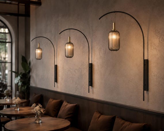 XL Modern Wall Sconce: Black Brass Arc Fixture, Amber Glass Lamp
