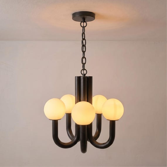 Mid Century Modern Chandelier, 5-Light Fixture, Frosted Ball Glass Ceiling Fixture