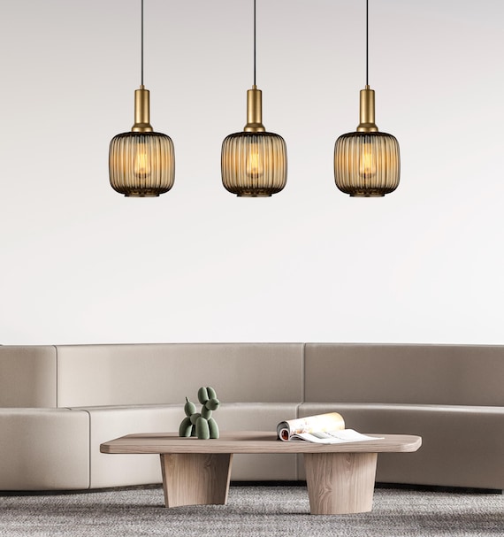 Ribbed Amber Glass Modern Pendant lighting, Custom Ribbed Glass Pendant Lighting, Multi Lighting for Stairwell Long Chandelier